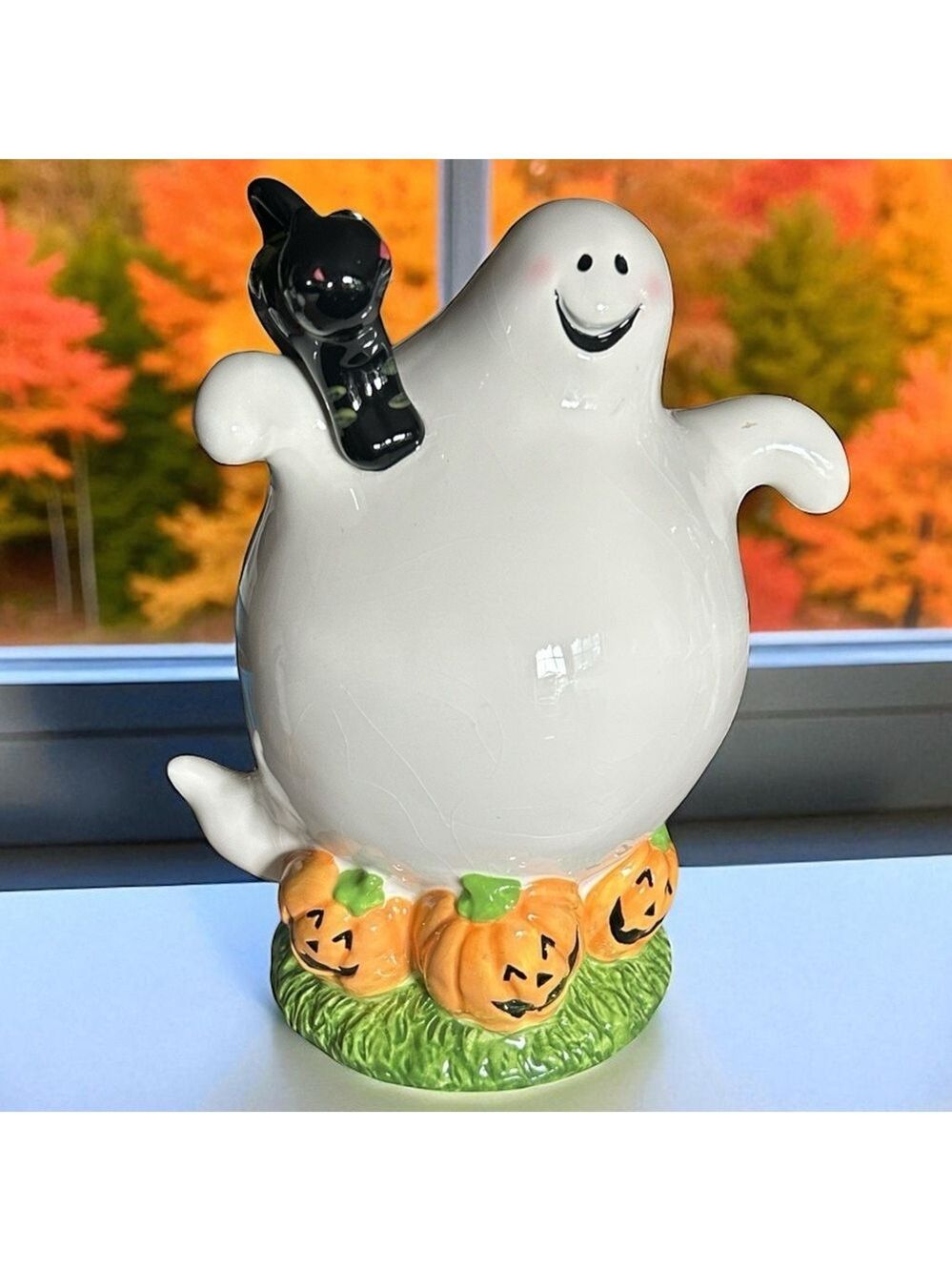 Vintage Sapota Ceramic Ghost with Black Cat 
and Pumpkins Halloween 10” Statue
